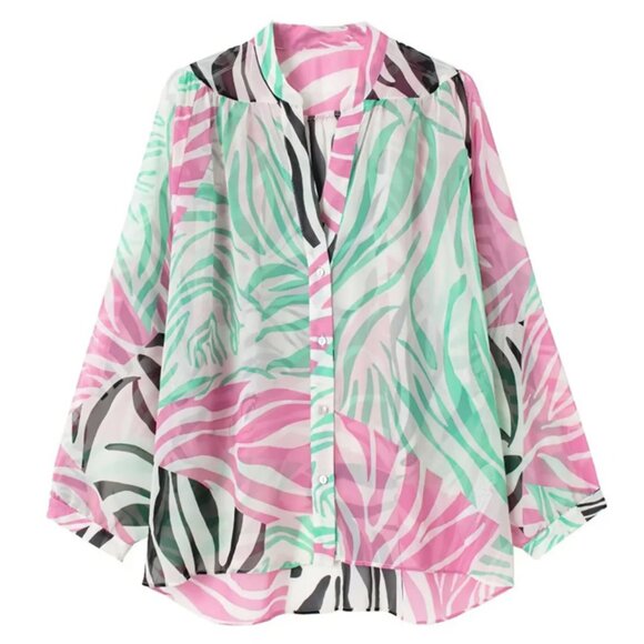 NEW Zara Semi Sheer Pink Zebra Pattern Blouse Top- Size M Oversized - Picture 2 of 16